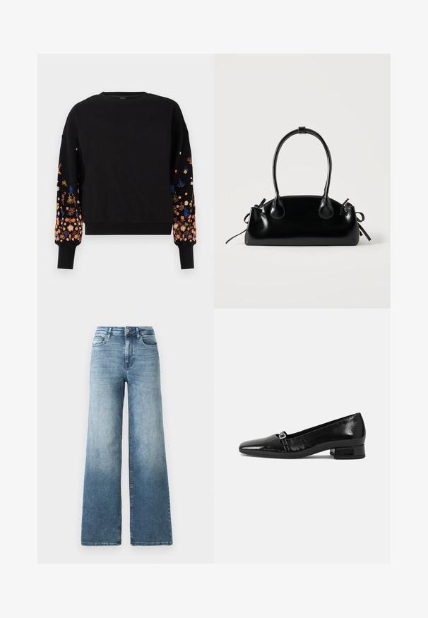 Schwarzer Pullover mit leuchtend buntem Blumenstickerei auf den Ärmeln, runder Halsausschnitt und gerippte Bündchen.; weit geschnittene Denim-Jeans in hellblauem Waschung, mit hoher Taille, fünf Taschen Design und subtilen Verfärbungen auf dem Stoff. Klassischer Metallknopfverschluss.; Schwarze Lackleder-Ballettschuhe mit spitzem Zehenbereich, niedrigem quadratischem Absatz und einem kleinen metallischen Schnallenakzent am Riemen. Glatte Textur.; Kleine schwarze glänzende Handtasche mit zwei langen Griffen und seitlichen Kordelzug-Details vor einfachem hellem Hintergrund.