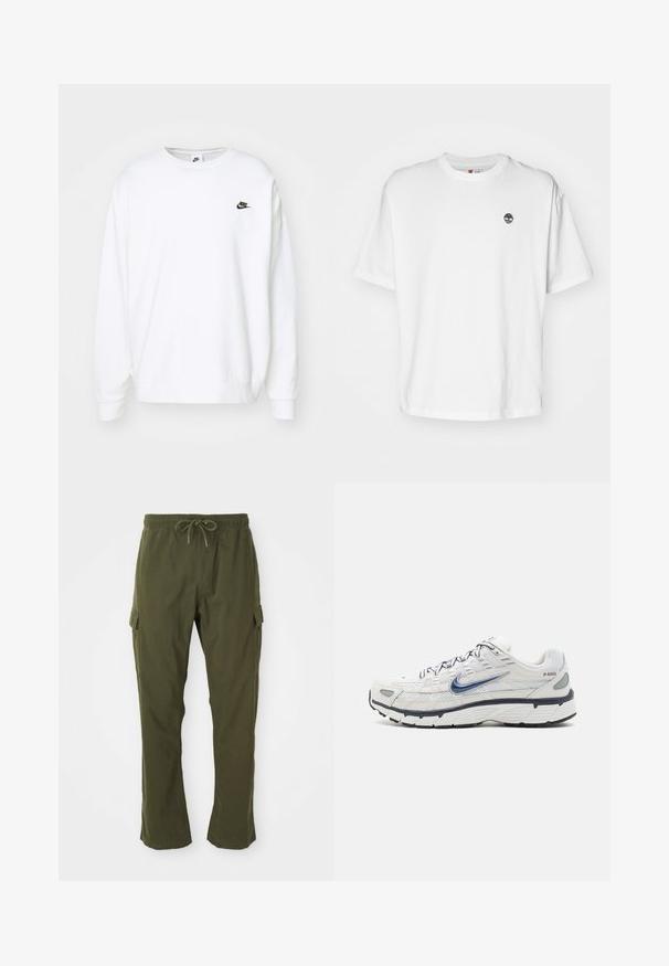 Valkoinen collegepaita, joka on valmistettu puuvillasekoitteesta, pitkähihaisella leikkauksella, ribbailla varustetuilla hihansuilla ja pyöreällä kaula-aukolla. Rinnassa on pieni musta Nike-logo.; Valkoinen puuvillapaita, jossa on pyöreä kaula-aukko, lyhyet hihat ja pieni musta puulogo vasemmassa rinnassa. Pehmeä kangas, rento malli.; Zöld olaj színű cargo nadrág, rugalmas derékpánttal, húzózsinórral és oldalsó zsebekkel. Az anyag lágy, sima tapintású.; Nike Sportswear P 6000 UNISEX - Matalavartiset tennarit - phantom/obsidian/summit white/white/black/metallic silver