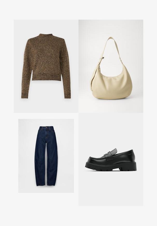 Pull en tricot brun avec un col haut, des manches longues et un design court. Présente un motif texturé sur l'ensemble, ajoutant de la profondeur au tissu.; Jean en denim bleu foncé taille haute avec une coupe décontractée, comportant cinq poches, un bouton avant unique et des détails cousus le long des coutures.; Mocassins en cuir noir avec une semelle épaisse et texturée, dotés d'une sangle sur le vamp et d'une finition lisse et polie.; Sac à épaule en cuir beige avec une forme courbée, une bandoulière réglable et un détail de logo embossé, présentant une texture lisse et un design minimaliste.