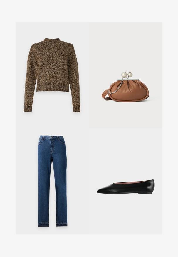 Pull en tricot brun avec un col haut, des manches longues et un design court. Présente un motif texturé sur l'ensemble, ajoutant de la profondeur au tissu.; Jean en denim bleu avec un design à jambe droite, cinq poches et une fermeture à boutons. Il présente des coutures contrastantes et un léger délavage.; Chaussure plate en cuir noir pour femme, avec bout pointu et petit talon, vue de côté sur un fond gris clair uni.; Pochette en cuir marron avec un fermoir à boule en argent et un petit détail en chaîne argentée sur fond blanc.