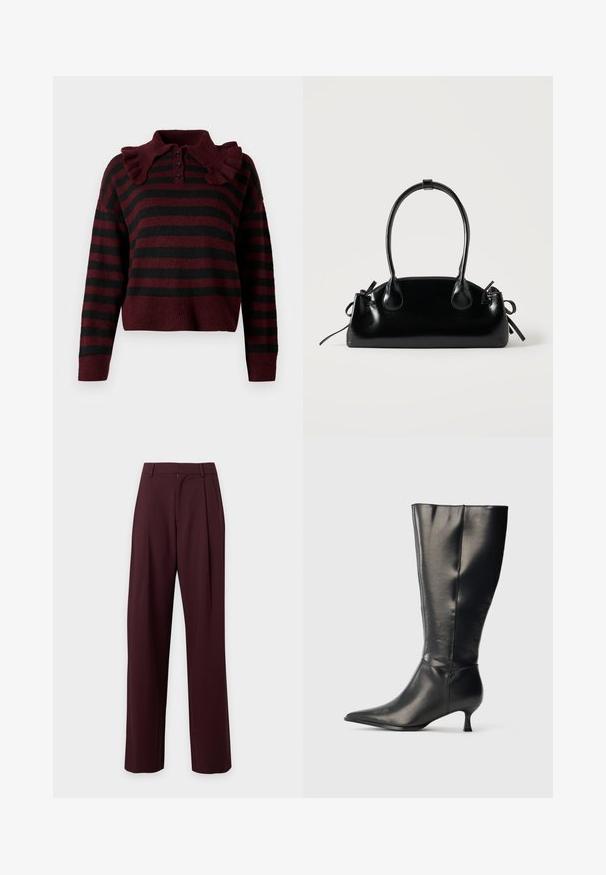 Pull en tricot rayé bordeaux et noir avec un col volants, patte de boutonnage à trois boutons et ourlet court. Texture douce avec une coupe décontractée.; Pantalon marron foncé taille haute sur mesure avec jambes droites et passants de ceinture, présenté sur un fond clair uni.; Botte en cuir noire montant jusqu'au genou, avec un bout pointu et un petit talon bas, présentée sur un fond clair uni.; Petit sac à main noir brillant avec deux longues anses et des détails à cordon sur les côtés sur un fond clair uni.