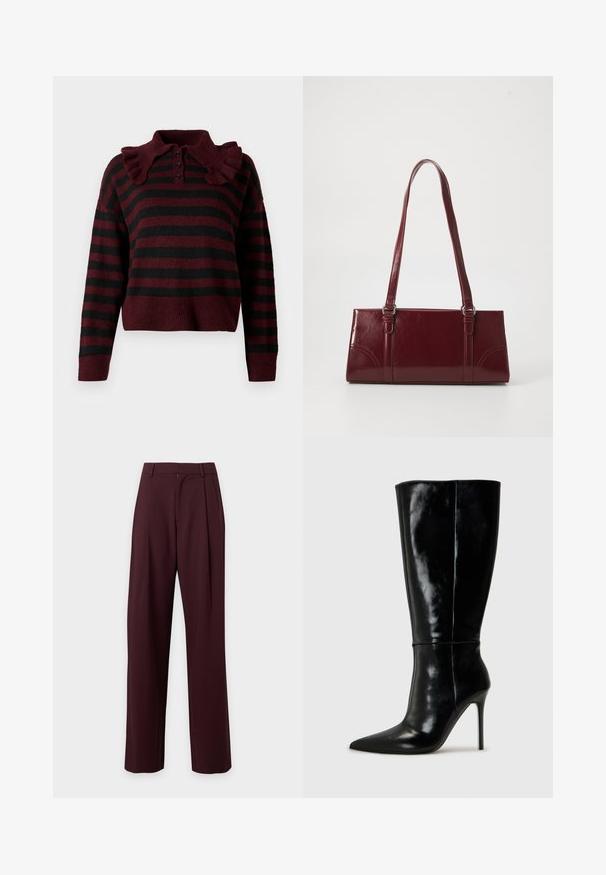 Suéter de punto a rayas burdeos y negro con un cuello acampanado, tapeta de tres botones y un dobladillo corto. Textura suave y corte relajado.; Pantalones de cintura alta a medida de color marrón oscuro con piernas rectas y trabillas para cinturón, mostrados sobre un fondo claro y liso.; Botas de cuero negro hasta la rodilla con punta afilada y tacón alto de aguja. Textura suave y diseño elegante, con detalles mínimos.; Bolso burdeos hecho de material brillante, de forma rectangular, con dos asas para el hombro y sutiles acentos curvados en la parte frontal.