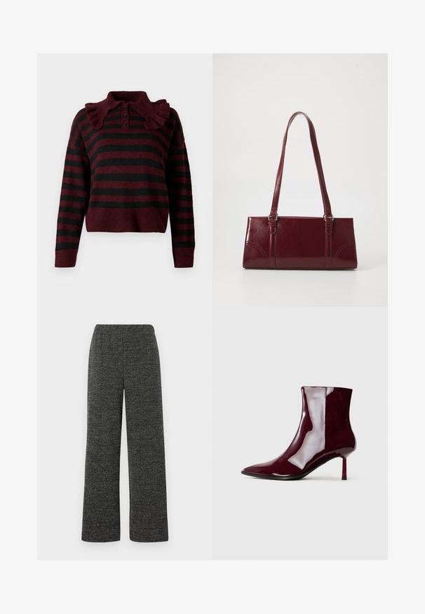 Pull en tricot rayé bordeaux et noir avec un col volants, patte de boutonnage à trois boutons et ourlet court. Texture douce avec une coupe décontractée.; Pantalons à jambes larges en tissu texturé noir et gris, dotés d'une taille élastique pour plus de confort. Pas de poches ni de fermetures visibles.; Bottine brillante rouge foncé à bout pointu et talon fin mi-haut sur un fond clair.; Sac à main bordeaux en matériau brillant, de forme rectangulaire, avec deux anses et des accents légèrement courbés à l'avant.