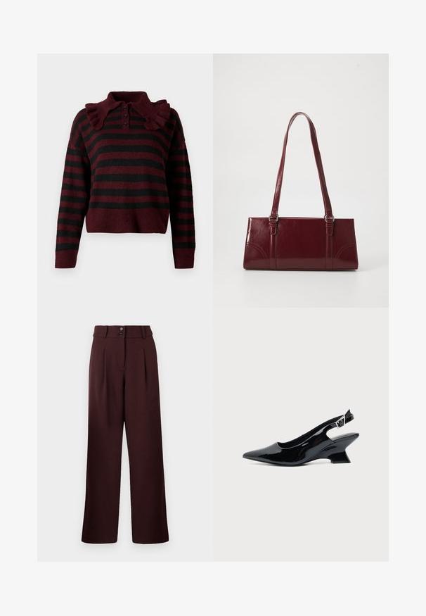Pull en tricot rayé bordeaux et noir avec un col volants, patte de boutonnage à trois boutons et ourlet court. Texture douce avec une coupe décontractée.; Pantalons évasés en bordeaux foncé, avec une taille haute, deux plis à l'avant et une fermeture à deux boutons. Fabriqués en tissu texturé.; Chaussure slingback en cuir verni noir avec bout pointu et petit talon bloc incliné sur fond clair uni.; Sac à main bordeaux en matériau brillant, de forme rectangulaire, avec deux anses et des accents légèrement courbés à l'avant.