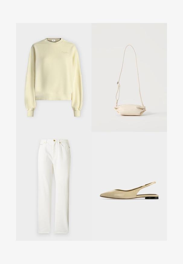 Sweat-shirt à manches longues couleur crème avec poignets et ourlet côtelés, et un logo brodé discret près de l'encolure sur un fond uni.; Pantalons en denim blanc avec une coupe droite, dotés d'une fermeture à bouton sur le devant et d'une texture subtile. Comprend des poches latérales et un matériel minimal.; Chaussure plate beige à bout pointu avec bride arrière, petit talon noir et finition en cuir lisse, vue de côté sur un fond uni.; Petit sac bandoulière en cuir beige avec sangle ajustable, présenté sur un fond clair uni.
