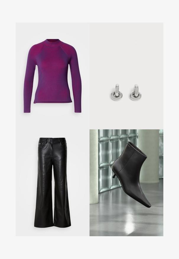 Top à manches longues côtelé en violet foncé avec des rayures violet plus clair. Encolure haute et design à ourlet fendu pour faciliter le mouvement.; Pantalons larges en cuir noir à la texture lisse, avec une fermeture à bouton devant, deux poches latérales et des détails de couture minimalistes.; Bottine en cuir noir avec bout pointu et petit talon, présentée devant un mur en blocs de verre et un sol poli.; Paire de petites boucles d'oreilles créoles argentées brillantes avec une base ronde, présentées sur un fond clair uni.