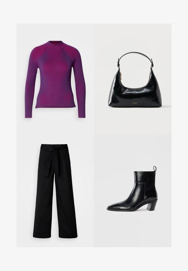Top à manches longues côtelé en violet foncé avec des rayures violet plus clair. Encolure haute et design à ourlet fendu pour faciliter le mouvement.; Pantalons larges noirs avec une taille ceinturée, présentant un design épuré et une texture lisse, fabriqués à partir d'un tissu durable.; Bottine en cuir noir avec un bout pointu, un talon empilé géométrique et une languette à l'arrière. Texture lisse et design épuré.; Sac à main Calvin Klein noir brillant avec fermeture éclair dorée et anse courte sur fond blanc uni.