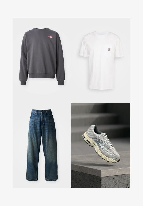 Grijze sweatshirt gemaakt van een katoenmix, met ronde hals, ribgebreide boorden en zoom. Bevat een klein roze logo op de bovenkant van de linkerborst.; Witte katoenen t-shirt met korte mouwen, een borstzak en een klein vierkant logo-opdruk in oranje en wit op de zak.; Wijdvallende blauwe denim jeans met een vervaagde afwerking. Bevat vijf zakken, een knoopsluiting en contrasterende stiksels. Zwaar gewicht stof.; Grijs-witte Nike hardloopschoen met gevoerde zool zweeft boven een betonnen trede in een buitenomgeving.