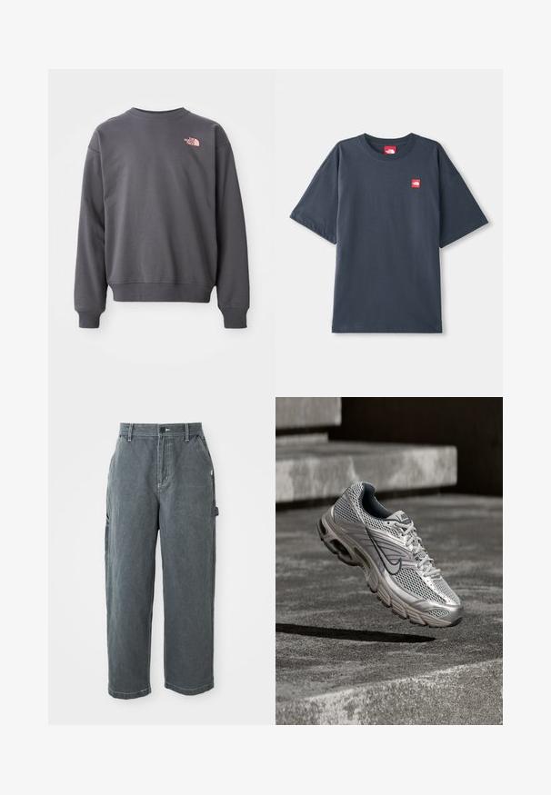 Grå sweatshirt lavet af bomuldsblanding, med rund halsudskæring, ribbede manchetter og kant. Har et lille lyserødt logo på den øverste venstre bryst.; Mørk navy blå kortærmet T-shirt lavet af bomuld, med en rød logo-patch på venstre bryst og en klassisk rund halsudskæring.; Mørkegrå lige ben arbejdsbukser med bæltestropper, frontknap og lynlås, sidelommer og en hammerløkke på højre ben.; Sølv- og grå Nike-løbesko svævende i luften over betontrin, der viser detaljer af netmaterialet øverst og den polstrede sål.