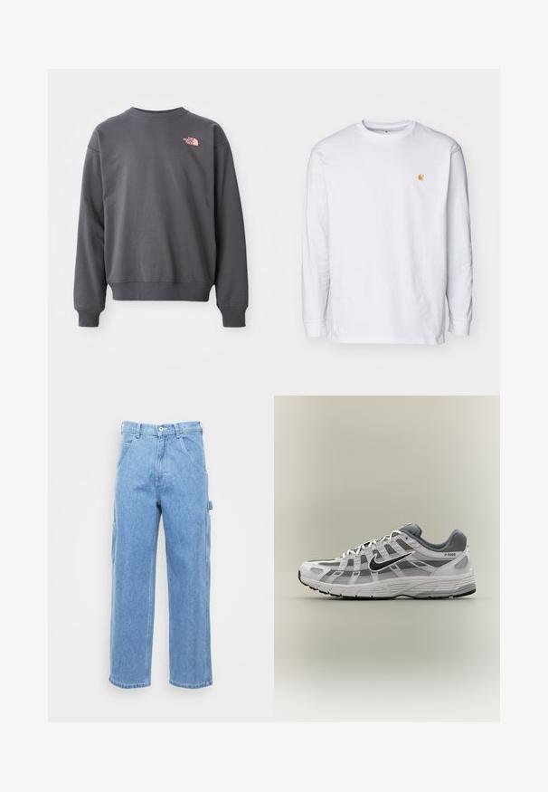 Grijze sweatshirt gemaakt van een katoenmix, met ronde hals, ribgebreide boorden en zoom. Bevat een klein roze logo op de bovenkant van de linkerborst.; Witte lange mouwen t-shirt van katoen. Voorzien van een klein gouden logo op de borst en een ronde hals. Eenvoudig ontwerp en standaard pasvorm.; Lichtblauwe denim cargobroek met rechte pijpen, voorzakken en zijcargozakken. De stof heeft een gladde textuur met een licht vervaagde afwerking.; Wit-grijze Nike P-6000 sneaker met zwarte swoosh, mesh panelen en gestructureerde zool, zijaanzicht op een neutrale achtergrond.