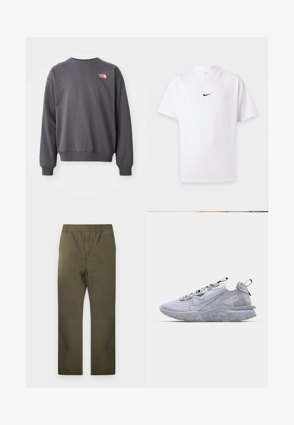 Grijze sweatshirt gemaakt van een katoenmix, met ronde hals, ribgebreide boorden en zoom. Bevat een klein roze logo op de bovenkant van de linkerborst.; Wit T-shirt met korte mouwen met zwart Nike swoosh-logo in het midden van de borst en een eenvoudige ronde hals.; Olijfgroene rechte pijpen broek met elastische tailleband en zichtbare voornaadstiksels, afgebeeld tegen een witte achtergrond.; Lichtgrijze sportschoen met een ademend mesh bovenwerk, een geprofileerde rubberen zool en reflecterende accenten. Bevat een gevoerde kraag en een vetersluiting.