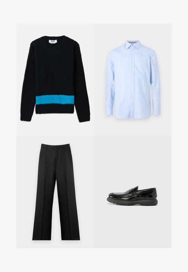 Sort strikket sweater med rillet tekstur, der har en vandret turkis stribe forneden. Klassisk rund halsudskæring og lange ærmer.; Lyseblå langærmet skjorte med knapper og et subtilt småskala geometrisk mønster samt spids krave på ensfarvet baggrund.; Sorte bukser med lige ben, bæltestropper, frontplisser og skjult frontlukning.; Sort læderloafer med en blank finish, rund tå, subtile syninger og en tyk gummisål for holdbarhed.