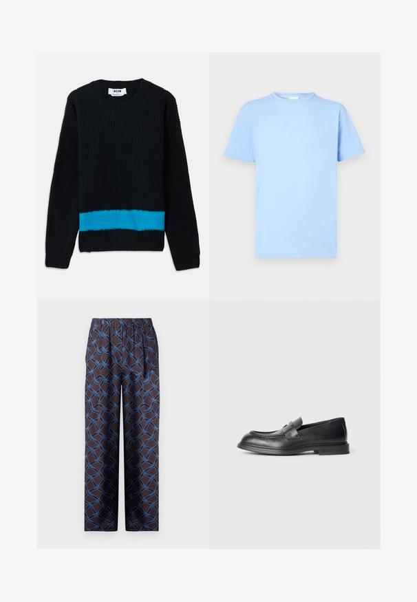 Pull en maille noir avec texture côtelée, présentant une rayure turquoise horizontale en bas. Encolure ronde classique et manches longues.; T-shirt bleu clair à manches courtes fabriqué en tissu doux. Col rond, ourlet droit et texture minimale. Sans motifs ni accents.; Pantalons larges en tissu sombre, ornés d'un motif tissé bleu. La taille élastique garantit un confort optimal. Texture lisse avec des accents géométriques.; Mocassins en cuir noir avec une finition texturée, dotés d'une bride décorative à l'avant et d'un bout arrondi. Semelle en caoutchouc pour plus de durabilité.