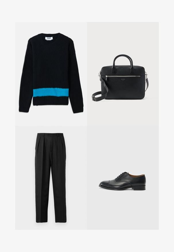 Sort strikket sweater med rillet tekstur, der har en vandret turkis stribe forneden. Klassisk rund halsudskæring og lange ærmer.; Sorte plisserede bukser med et skrædderlavet design, fremstillet af glat stof, med knaplukning og lige ben.; Sort lædersko med glat overflade, rund tå, fem snørrehuller og lav blokhæl. Minimalistisk design med diskret syninger.; Sort struktureret rektangulær lædermappe med dobbelthåndtag, lynlåslomme foran og justerbar skulderrem vist på hvid baggrund.