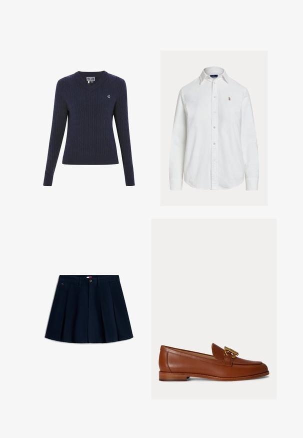 Pull en V bleu marine en tricot côtelé, avec des motifs en torsades et un petit logo d'ancre blanche sur la poitrine gauche.; Chemise blanche à manches longues, boutonnée avec col et petit logo brodé sur la poitrine gauche, présentée sur fond uni.; Jupe mini plissée bleu marine avec bouton et fermeture éclair à l'avant, passants de ceinture, poches latérales et petit logo sur la hanche gauche.; Mocassin en cuir marron avec talon bas empilé et détail de boucle en métal doré sur le dessus, présenté en profil latéral sur un fond uni.