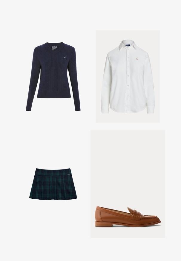 Pull en V bleu marine en tricot côtelé, avec des motifs en torsades et un petit logo d'ancre blanche sur la poitrine gauche.; Chemise blanche à manches longues, boutonnée avec col et petit logo brodé sur la poitrine gauche, présentée sur fond uni.; Jupe plissée à carreaux en vert foncé et bleu marine avec une ceinture lisse et un accent logo. Présente un design classique à plis superposés.; Mocassin en cuir marron avec petit talon en bois, bride classique pour pièce et détails cousus le long de la pointe et des côtés.