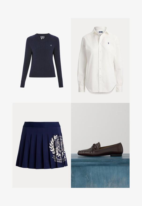 Marineblå V-hals sweater lavet af ribstrikstof, med kabelmønstre og et lille hvidt ankerlogo på venstre bryst.; Hvid langærmet skjorte med knapper, krave og lille blåt logo af en polospiller på venstre bryst.; Marineblå plisseret nederdel med bred linning og hvid tennisinspireret logo på nederste højre side.; Brune læder loafers med en rundet tå, sløjfedetalje og dekorativ syning langs vampen. Flad sort gummisål.