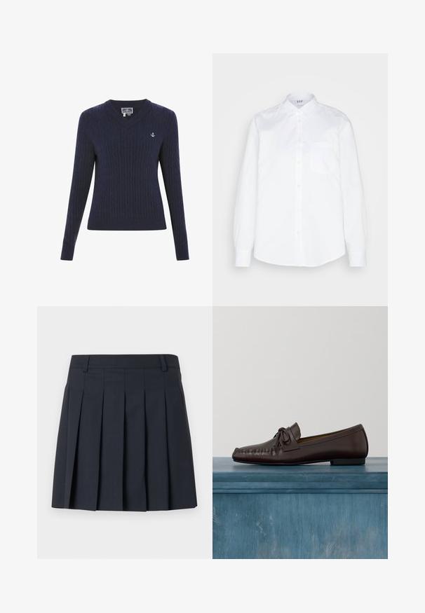 Marineblå V-hals sweater lavet af ribstrikstof, med kabelmønstre og et lille hvidt ankerlogo på venstre bryst.; GAP CLASSIC SHIRT - Skjortebluser - optic white; Mørkeblå plisseret nederdel med flad linning, lavet af glat stof. Har flere lodrette plisser og et skræddersyet design.; Brune læder loafers med en rundet tå, sløjfedetalje og dekorativ syning langs vampen. Flad sort gummisål.