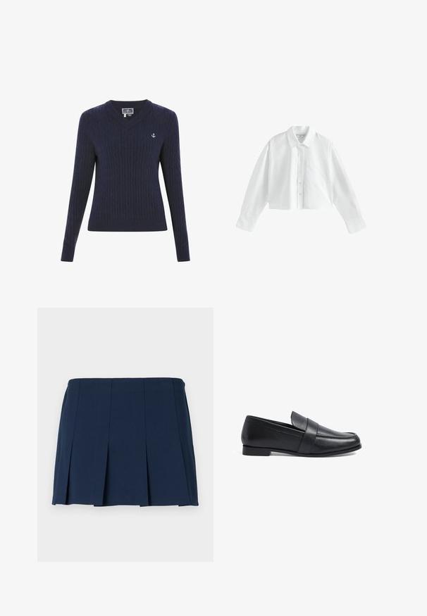 Marineblå V-hals sweater lavet af ribstrikstof, med kabelmønstre og et lille hvidt ankerlogo på venstre bryst.; Hvid cropped langærmet skjorte med krave og en enkelt brystlomme på en ensfarvet hvid baggrund.; Mørkeblå, plisseret mini nederdel med en lige talje, lavet af et glat stof. Har lodrette syninger langs plisseringerne.; Sorte læder loafers med en lav hæl, der har en syet overdel og en dekorativ rem hen over vristen. Glat tekstur, klassisk design.