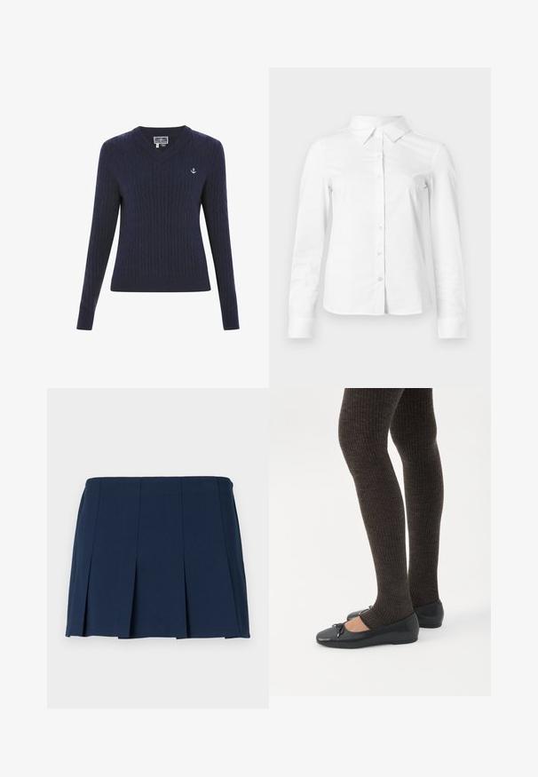 Marineblå V-hals sweater lavet af ribstrikstof, med kabelmønstre og et lille hvidt ankerlogo på venstre bryst.; Hvid skjorte med lange ærmer, knapper, spids krave, lige kant og tætsiddende silhuet, vist på en ensartet lys baggrund.; Mørkeblå, plisseret mini nederdel med en lige talje, lavet af et glat stof. Har lodrette syninger langs plisseringerne.; Ben iført mørke ribbede leggings kombineret med sorte balletsko med små sløjfedetaljer på hvid baggrund.