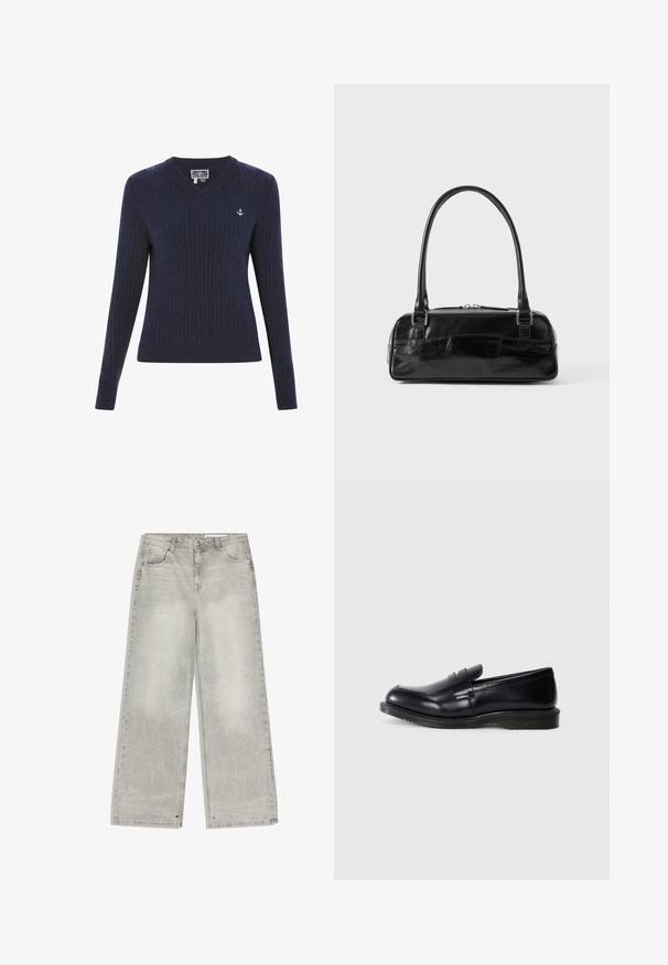Marineblå V-hals sweater lavet af ribstrikstof, med kabelmønstre og et lille hvidt ankerlogo på venstre bryst.; Lysegrå jeans med vide ben, forlommer, bæltestropper og knaplukning.; Sorte læder loafersandaler med en glat finish, rund tå og syet detaljering på overdelen, samt en tekstureret gummisåler for godt vejgreb.; Sort læderhåndtaske med rektangulær form, der har et enkelt struktureret håndtag, sølvhardware og lynlås-lukning. Glat tekstur.