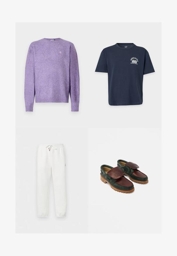 Pull en tricot violet avec des manches longues, col rond et ourlet côtelé. Présente un logo subtil sur la poitrine. Texture douce et coupe décontractée.; T-shirt GAP bleu marine à manches courtes avec logo blanc « American Style GAP Athletic Sports » sur la poitrine gauche et texte GAP sur le col.; Jogging blanc avec taille élastique et cordon, poignets aux chevilles et petit logo Jordan sur la cuisse gauche.; Chaussures en cuir avec un corps vert foncé, un dessus bordeaux, un bout rond, un rabat sécurisé et une semelle en caoutchouc texturée avec des rainures.