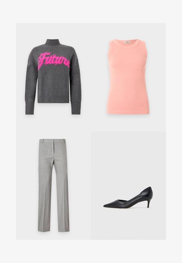 Pull gris tricoté avec un col montant, arborant un motif de mot rose duveteux. Il possède des poignets et un ourlet côtelés pour une texture supplémentaire.; Débardeur rose côtelé sans manches avec col rond et étiquette Drykorn à l'arrière du col, présenté sur un fond clair uni.; Pantalon droit gris clair à motif à carreaux subtil, avec fermeture éclair avant et passants pour ceinture, posé à plat sur un fond blanc.; Escarpin en cuir noir avec un bout pointu et un talon bas. Présente une texture lisse et un éclat subtil. Découpe ouverte à l'avant pour un détail supplémentaire.