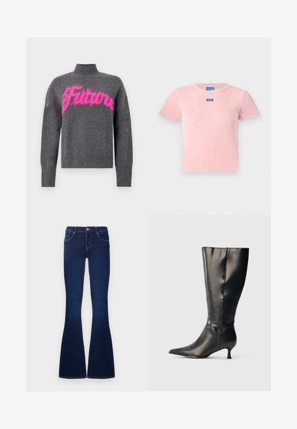 Pull gris tricoté avec un col montant, arborant un motif de mot rose duveteux. Il possède des poignets et un ourlet côtelés pour une texture supplémentaire.; T-shirt côtelé rose clair en coton, avec un col rond et des manches courtes, arborant un logo bleu "HUGO" centré sur la poitrine.; Jean flare en denim bleu foncé avec bouton frontal, fermeture éclair, passants de ceinture, et cinq poches, présenté sur un fond blanc.; Botte en cuir noire montant jusqu'au genou, avec un bout pointu et un petit talon bas, présentée sur un fond clair uni.