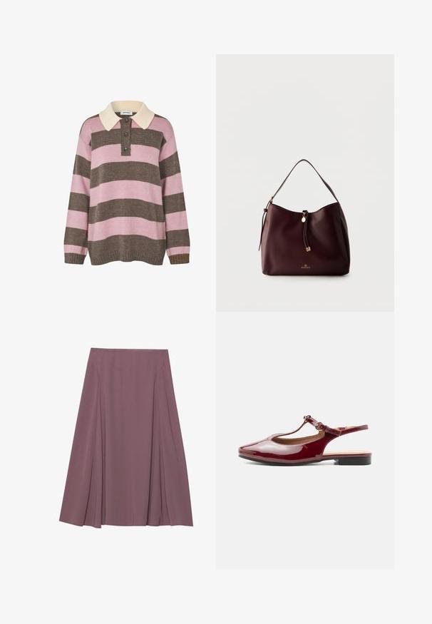 Strikket pullover i lyserøde og brune striber med en cremet krave, der har tre knapper ved halsen samt ribkant ved ærmerne og kanten.; En knælang nederdel i en dæmpet mauve farve, lavet af letvægtsstof med plisseret design og en glat tekstur. Ingen synlige lukninger.; Blank bordeaux lavhælet T-rem slingback sko med spids tå og justerbar spænde på ens hvid baggrund.; Mørkebrun skuldertaske i læder med fletdet kvast, gulddetaljer og Anna Field-logo foran mod en ensartet lys baggrund.