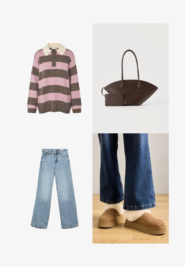 Strikket pullover i lyserøde og brune striber med en cremet krave, der har tre knapper ved halsen samt ribkant ved ærmerne og kanten.; Lyseblå højtaljede jeans med vide ben, knap- og lynlås-lukning, for- og baglommer samt bæltestropper.; Brune ruskindssandaler med en tykk lys pelsopfoldning, monteret på en beige platformssål, parret med bredbenede denimjeans.; Mørkebrun læderhåndtaske med lange håndtag og matchende lille lynlåspung på en ensartet lys baggrund.