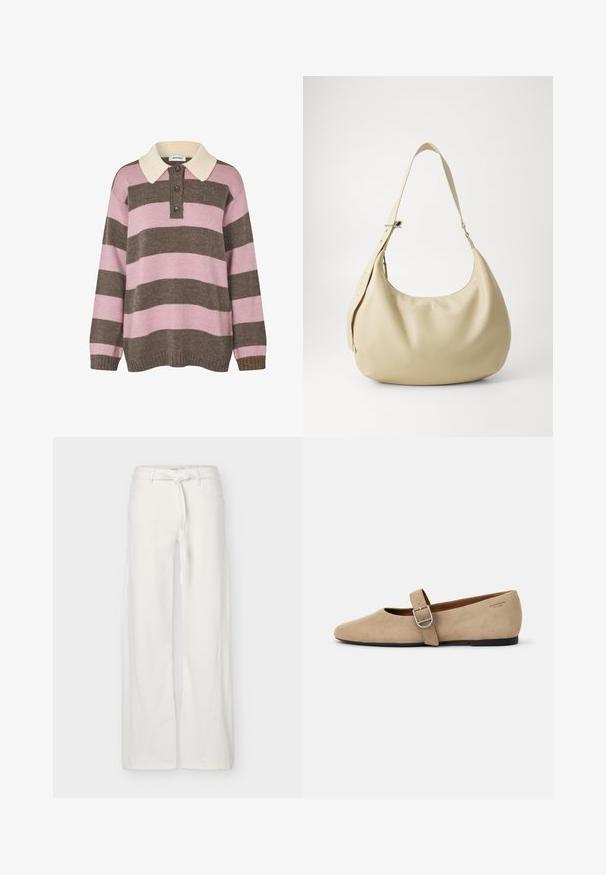 Pull en tricot à rayures roses et marron avec un col crème, comportant trois boutons au niveau du cou et des poignets et un ourlet côtelés.; Pantalon blanc à jambes larges avec poches avant et ceinture en tissu nouée à la taille, présenté sur un fond uni.; Ballerines en daim beige de style Mary Jane avec un bout pointu et une seule sangle réglable dotée d'une boucle en métal argenté. Semelle plate noire.; Sac à épaule en cuir beige avec une forme courbée, une bandoulière réglable et un détail de logo embossé, présentant une texture lisse et un design minimaliste.