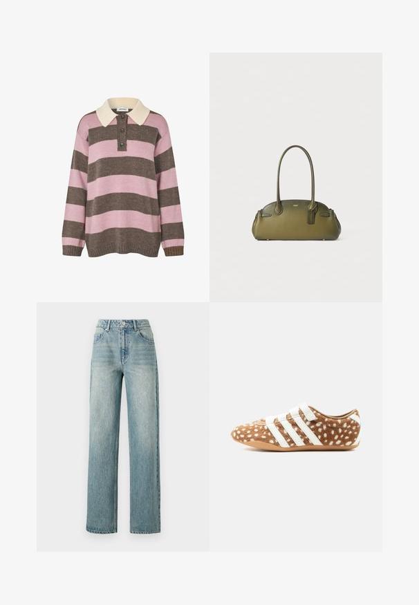 Strikket pullover i lyserøde og brune striber med en cremet krave, der har tre knapper ved halsen samt ribkant ved ærmerne og kanten.; Copenhagen Muse JEANNE PANTS - Jeans Relaxed Fit - medium dirty washed denim; Brun sneaker med hvide pletter og tre hvide remme, med en pelslignende tekstur og en flad beige sål, vist i sideprofil.; Olivengrøn læderhåndtaske med en struktureret form, dobbelthåndtag, diskrete syninger og et mærke fastgjort med en guldkæde.