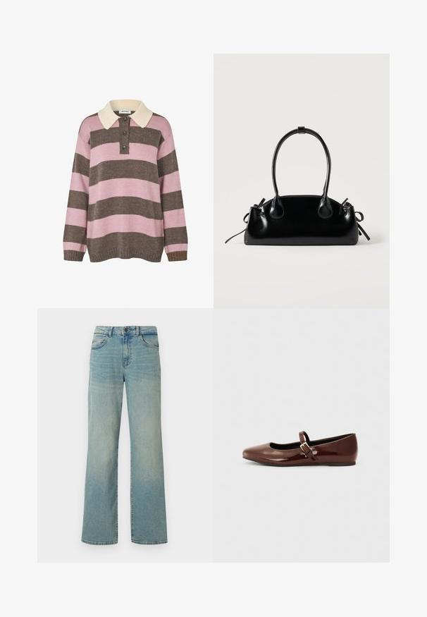 Pull en tricot à rayures roses et marron avec un col crème, comportant trois boutons au niveau du cou et des poignets et un ourlet côtelés.; Jean en denim bleu clair avec une taille haute, des jambes larges et un design classique à cinq poches. Présente un léger délavage et une fermeture à bouton.; Ballerine en cuir verni marron avec un bout carré et une lanière ornée d'une petite boucle dorée. Texture lisse, talon bas et design minimaliste.; Petit sac à main noir brillant avec deux longues anses et des détails à cordon sur les côtés sur un fond clair uni.