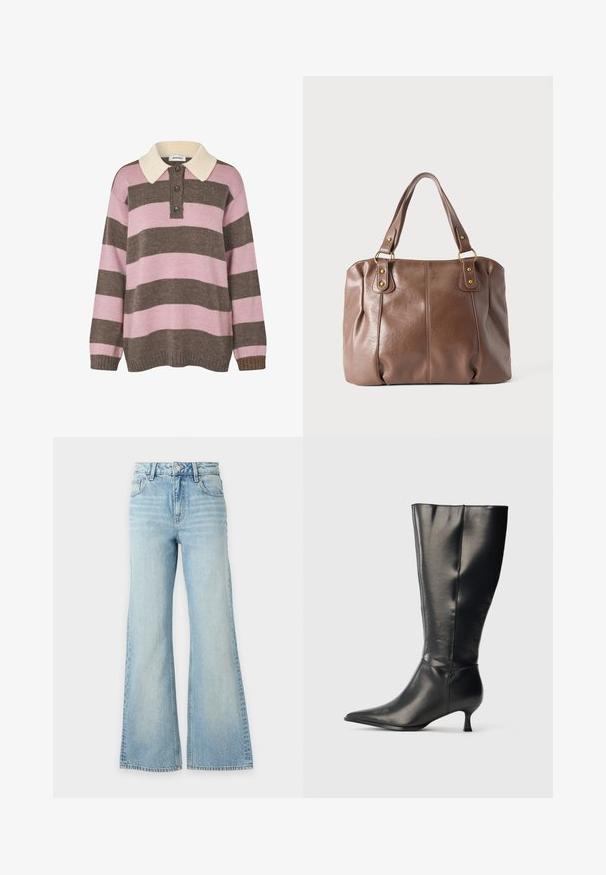 Pull en tricot à rayures roses et marron avec un col crème, comportant trois boutons au niveau du cou et des poignets et un ourlet côtelés.; Jean en denim bleu clair avec taille haute et jambes larges, doté de poches avant et arrière et d'une fermeture à boutons.; Botte en cuir noire montant jusqu'au genou, avec un bout pointu et un petit talon bas, présentée sur un fond clair uni.; Sac à main en cuir marron avec deux bandoulières attachées par des anneaux et rivets dorés, présenté sur un fond clair uni.