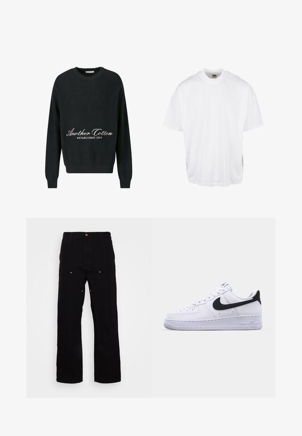 Pull en tricot noir avec un col rond, texture côtes et texte brodé "Another Cotton ÉTABLI EN 2023" en blanc.; T-shirt en coton blanc avec une coupe décontractée, des manches courtes et un col rond, présentant un ourlet droit et sans graphiques ni motifs visibles.; Pantalons en denim noir avec une coupe droite, présentant des accents en métal doré et des coutures visibles sur les poches avant et arrière.; Sneaker en cuir blanc avec un Swoosh noir texturé, des lacets plats et une semelle en caoutchouc avec un motif strié. "AIR" est embossé sur le talon.