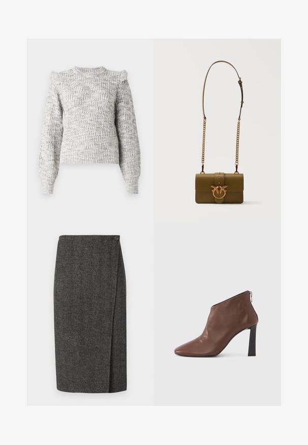 Lys grå strikket sweater med et tekstureret ternet mønster, ballonærmer og rund halsudskæring. Har ribbede mansjetter og kant.; Houndstooth blyantnederdel i mørkegrå, med et indviklet design og en sidespænde-lukning, lavet af et tekstureret vævet stof.; Brune læderankelstøvler med spids tå, høj sort hæl og en lynlås bagpå. Glat tekstur med en elegant silhuet.; Olivengrøn læder crossbody taske med guldklasp formet som en fugl og kæde-rem med justerbar skulderdetalje.