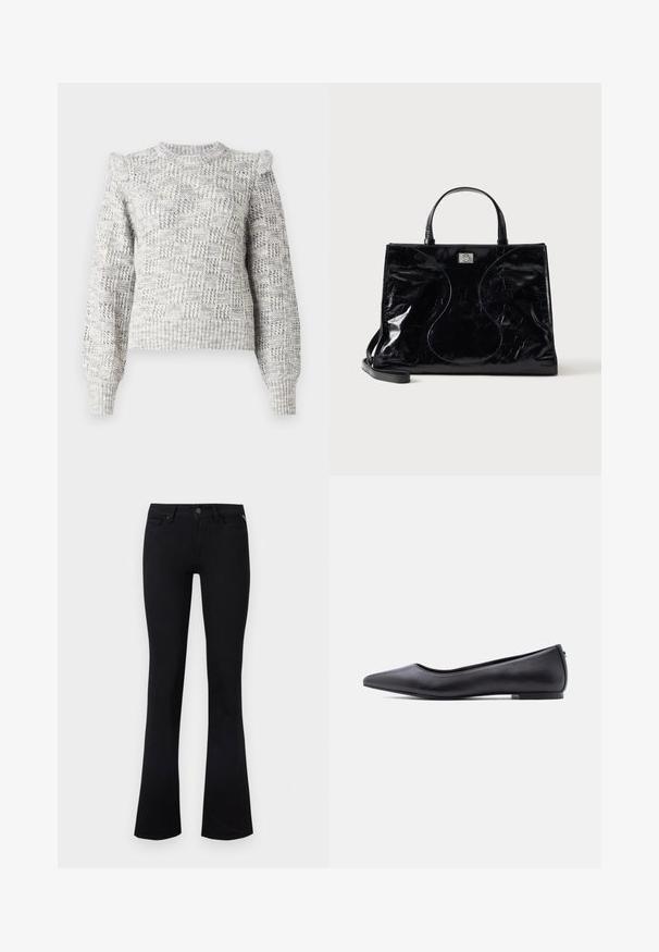 Lys grå strikket sweater med et tekstureret ternet mønster, ballonærmer og rund halsudskæring. Har ribbede mansjetter og kant.; Sorte højtaljede flare-jeans med fem lommer og knaplukning, vist mod en ensartet lys baggrund.; Sort flad lædersko med spidst tåparti og lav hæl, vist i sideprofil mod en hvid baggrund.; Sort blank læderhåndtaske med korte håndtag, aftagelig skulderrem og subtile buede syninger foran.
