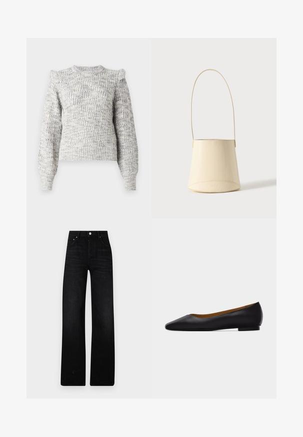 Pull en maille gris clair avec un motif à carreaux texturé, des manches bouffantes et un col rond. Présente des poignets et un ourlet côtelés.; Jeans noirs à jambe large en denim. Présentent une taille haute, deux poches avant et une fermeture par bouton métallique. Fini texturé avec un léger délavage.; Chaussure plate en cuir noir à bout pointu avec talon bas et finition lisse, vue de côté sur un fond gris clair.; Sac à main seau en cuir lisse couleur crème avec une longue bandoulière et un nom de marque discrètement embossé sur fond uni.