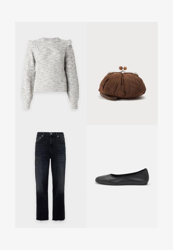 Lichtgrijze gebreide trui met een gestructureerd ruitpatroon, ballonmouwen en een ronde hals. Voorzien van ribgebreide manchetten en zoom.; High-waisted, straight-leg jeans in dark wash denim, met een rafelige zoom en een klassieke vijf-pocket ontwerping met zilveren hardware.; Zwarte leren ballerina met een ronde neus, gladde textuur, minimale stikdetails en een flexibele zoolontwerp.; Zachte bruine suède polstasje met zilverkleurige metalen frame en ronde bruine sluitknopjes op een effen lichte achtergrond.