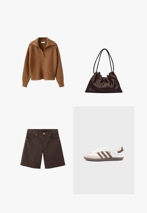 Bruine geribbelde gebreide trui met lange mouwen en een brede kraag met een diepe V-halsopening.; Donkerbruine denimshorts met versleten zomen, knoop aan de voorkant, rits, riemlussen en een ontwerp met vijf zakken.; Witte Adidas Samba sneaker met bruine suède strepen, bruine rubberen zool en beige suède neuskap, getoond vanaf de buitenkant op een effen achtergrond.; Zachte donkerbruine leren handtas met een slungelige vorm en twee dunne schouderbandjes tegen een witte achtergrond.