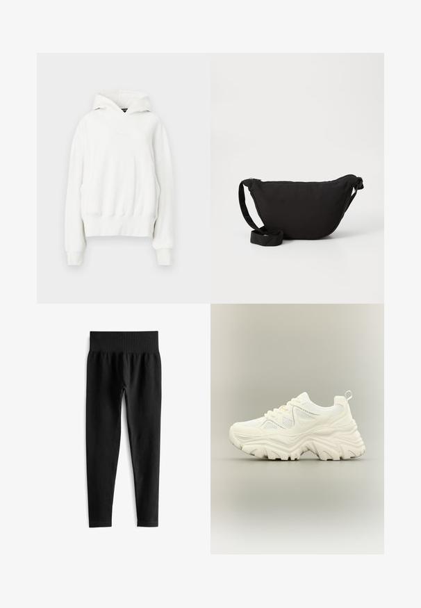 Hvid hættetrøje med en afslappet pasform. Har en kengurulomme, ribbede manchetter og blødt, struktureret stof. Diskret branding på brystet.; Sorte ribbede leggings med en bred elastisk talje, der har en tætsiddende silhuet og en glat tekstur. Ingen synlig hardware eller mønstre.; Hvid chunky sneaker med tyk tekstureret sål, mesh paneler, snørelukning foran og trækstrop ved hælen på en neutral baggrund.; Sort hobo taske lavet af blødt stof, med en buet form, lynlåslukning og en bred justerbar rem. Glat tekstur uden mønstre.