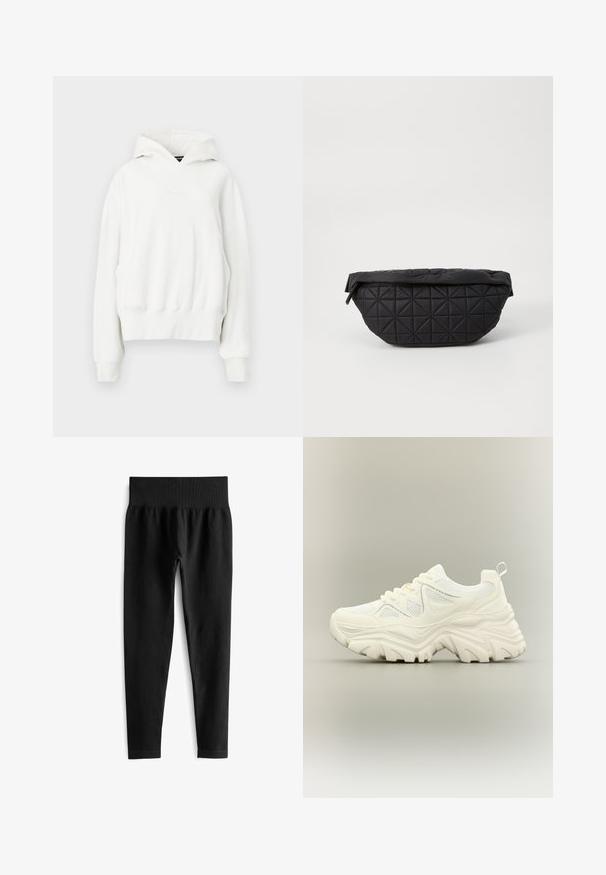 Hvid hættetrøje med en afslappet pasform. Har en kengurulomme, ribbede manchetter og blødt, struktureret stof. Diskret branding på brystet.; Sorte ribbede leggings med en bred elastisk talje, der har en tætsiddende silhuet og en glat tekstur. Ingen synlig hardware eller mønstre.; Hvid chunky sneaker med tyk tekstureret sål, mesh paneler, snørelukning foran og trækstrop ved hælen på en neutral baggrund.; Sort quiltet taske med en blød, polstret tekstur og et vinkelret diamantmønster, med en buet silhuet og lynlåslukning.
