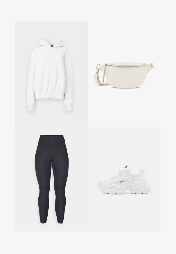 Hvid hættetrøje med en afslappet pasform. Har en kengurulomme, ribbede manchetter og blødt, struktureret stof. Diskret branding på brystet.; Høj taljede sorte ribbede leggings med en tætsiddende design, glat tekstur og fuldlængde pasform. Har en bred talje for støtte.; Hvide chunky sneakers med en glat læderoverdel, rund tå og tyk tekstureret sål med et synligt brandlogo på siden.; Hvid læder crossover taske med rund form, top zip-lukning og justerbar rem. Subtilt brandlogo præget på forsiden.