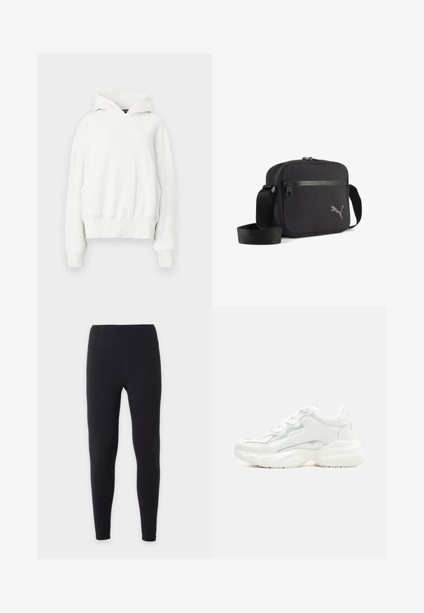 Hvid hættetrøje med en afslappet pasform. Har en kengurulomme, ribbede manchetter og blødt, struktureret stof. Diskret branding på brystet.; Sorte højtaljede, fuldlængde leggings med glat finish, vist fladt på en ensfarvet hvid baggrund uden synlige logoer eller mønstre.; Hvid chunky sneaker med tyk sål, snørelukning foran og glat syntetisk overdel med subtile syningsdetaljer.; Sort skuldertaske i stof med rektangulær form, udstyret med lynlås, tekstureret overflade og en grå broderet logo på den ene side.