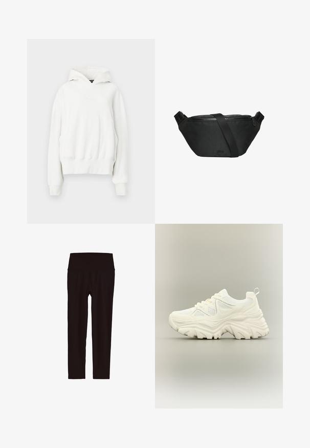 Witte hoodie met een ontspannen fit. Bevat een kangoeroe-pocket, geribde manchetten en een zachte, gestructureerde stof. Subtiele branding op de borst.; Zwarte legging met hoge taille, enkellengte en een brede tailleband, weergegeven tegen een witte achtergrond.; Witte chunky sneaker met dikke textuurrijke zool, mesh panelen, veters aan de voorkant en een treklipje aan de hiel op een neutrale achtergrond.; s.Oliver Schoudertas - schwarz