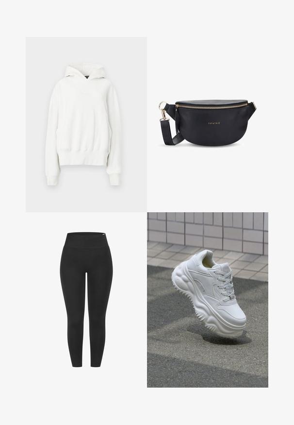 Hvid hættetrøje med en afslappet pasform. Har en kengurulomme, ribbede manchetter og blødt, struktureret stof. Diskret branding på brystet.; Sorte leggings med en høj elastisk talje, glat tekstur og tætsiddende design, velegnet til forskellige aktiviteter.; Hvide lædersneakers med en kraftig sål, teksturerede detaljer og snørelukning. Har formede accenter og en glat finish.; Sort læder bumbag med en afrundet form, guld lynlås og logoet "EXPATRIÉ." Indeholder en justerbar rem og frynse detaljer.