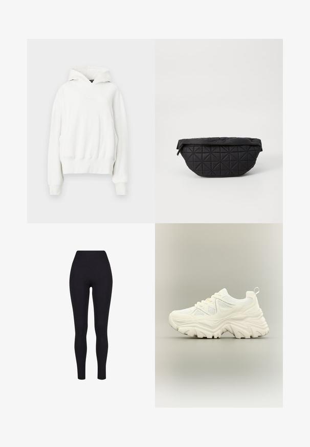 Sudadera blanca con capucha y corte relajado. Presenta un bolsillo canguro, puños de canalé y una tela suave y texturizada. Logotipo sutil en el pecho.; Leggings negros de talle alto, confeccionados con una tela elástica, que presentan una textura suave y un diseño ajustado sin costuras ni patrones visibles.; Zapatilla blanca gruesa con suela gruesa y texturizada, paneles de malla, cierre de cordones en la parte delantera y tira en el talón sobre un fondo neutro.; Bolso negro acolchado con una textura suave y acolchada y un patrón de diamantes angulares, con una silueta curvada y cierre de cremallera.