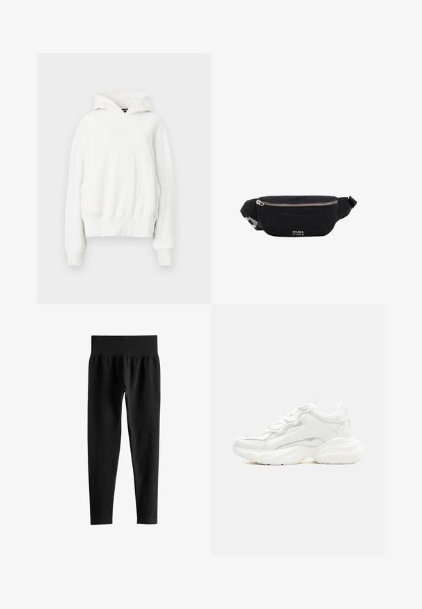 Sudadera blanca con capucha y corte relajado. Presenta un bolsillo canguro, puños de canalé y una tela suave y texturizada. Logotipo sutil en el pecho.; Leggings negros acanalados de cintura alta con una ancha cinturilla elástica y piernas ajustadas de largo completo sobre un fondo blanco.; Zapatilla deportiva blanca y robusta con suela gruesa, cierre de cordones en la parte frontal y parte superior sintética lisa con detalles de costuras sutiles.; Riñonera de tela negra con cremallera plateada y correa ajustable, con pequeño logo blanco "Bimba y Lola" en el frente.