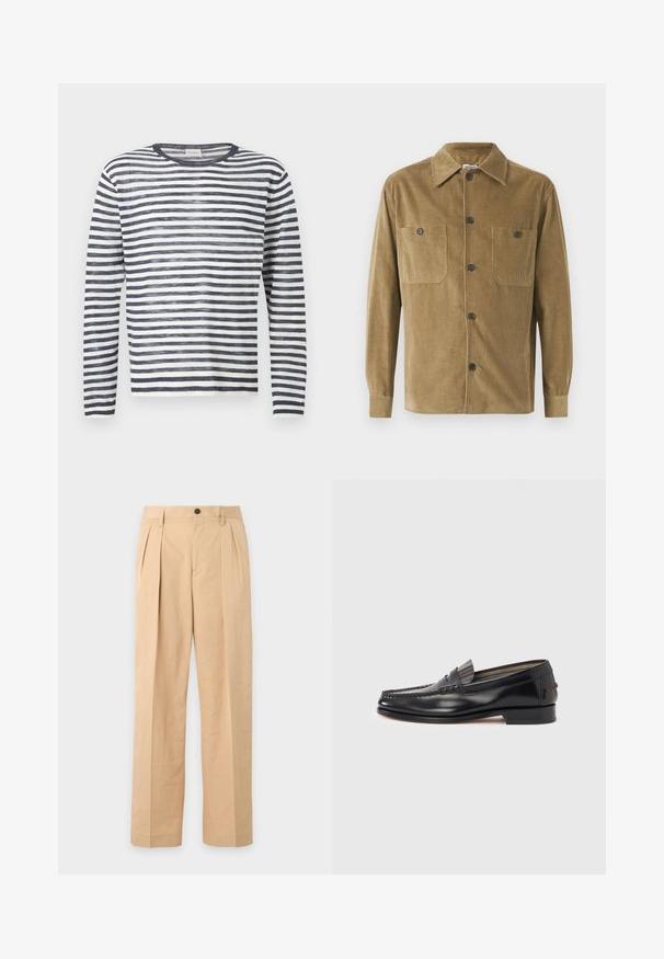 Pull en maille à manches longues et col rond avec des rayures horizontales bleu marine et blanches.; Chemise en velours côtelé marron avec col, deux poches poitrine et boutons noirs ; possède une texture côtelée verticale et des manches longues.; Pantalon beige plissé avec fermeture bouton et zip, passants de ceinture et jambes droites larges.; Mocassins en cuir noir avec un design de style mocassin, présentant une bande décorative et un détail de couture sur le dessus. Talon bloc bas.