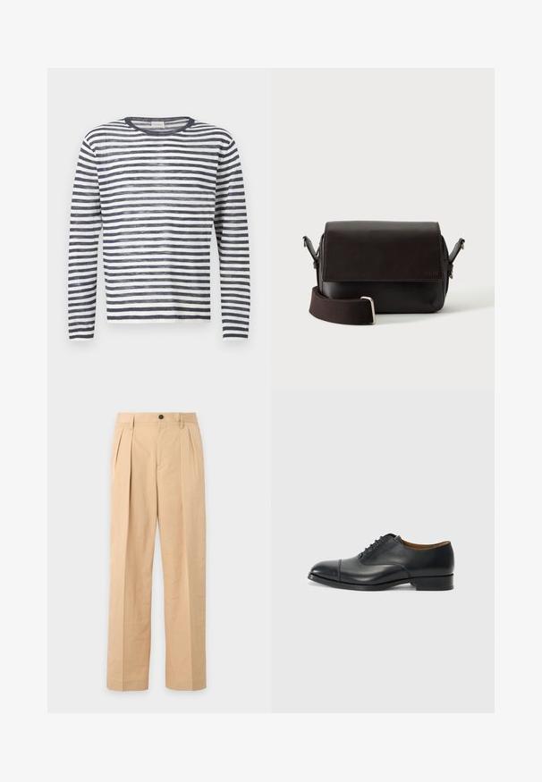 Pull en maille à manches longues et col rond avec des rayures horizontales bleu marine et blanches.; Pantalon beige plissé avec fermeture bouton et zip, passants de ceinture et jambes droites larges.; Chaussure habillée en cuir noir avec une finition lisse, bout arrondi, cinq œillets pour les lacets et un petit talon carré. Design minimaliste avec des coutures discrètes.; Sac bandoulière en cuir marron foncé avec fermeture à rabat et sangle en tissu réglable sur fond blanc.